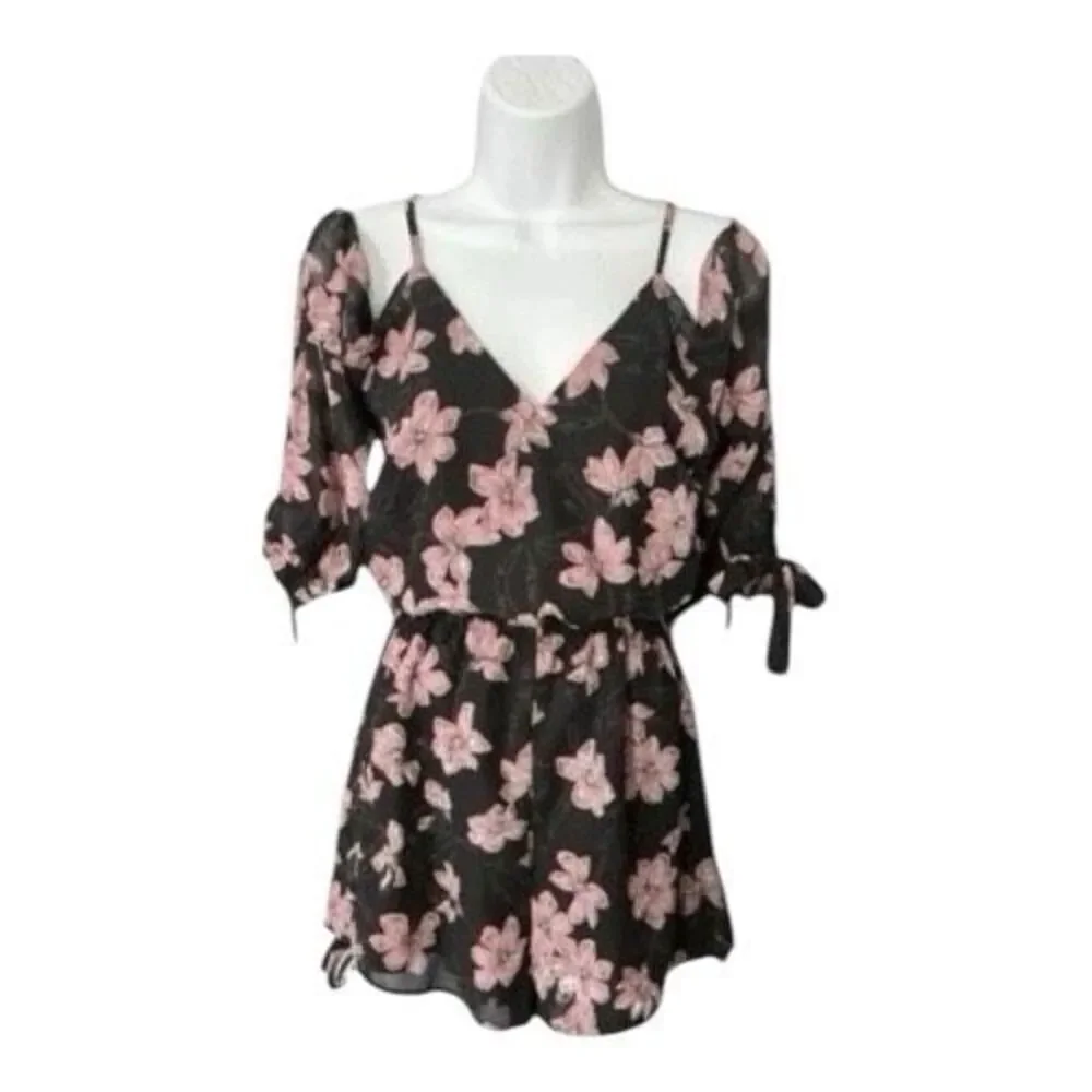 Women Black Semi Sheer Chiffon Romper Size XS Floral Print Cold-Shoulder V-Neck